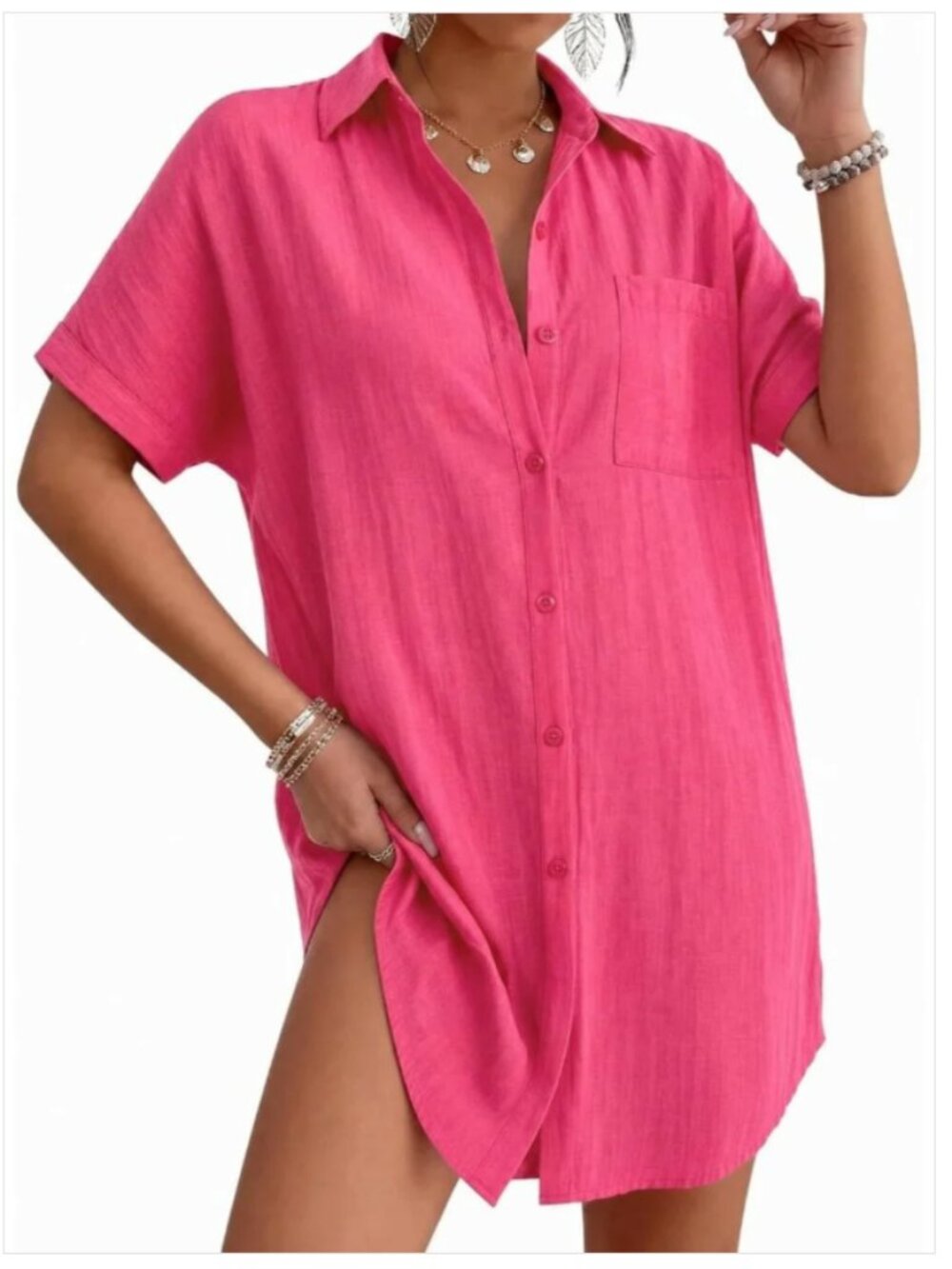 Pink Rayon Button Down Shirt Dress Coverup Beach Swim L